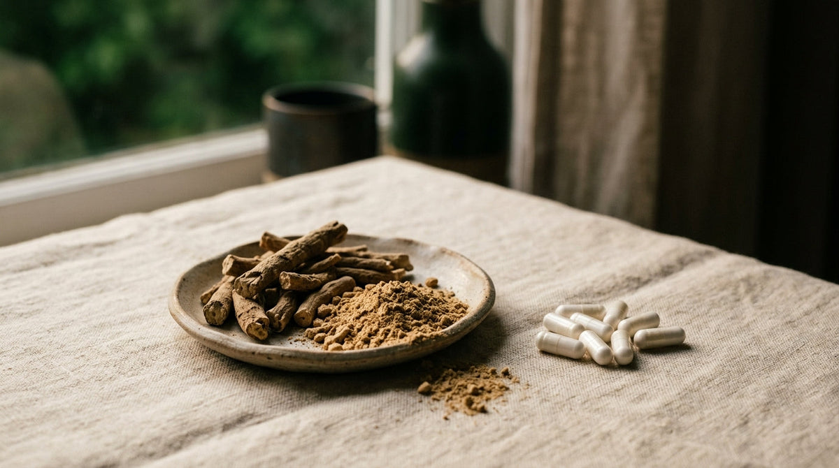 Ashwagandha root and powder in a ceramic dish beside white capsules in low evening light