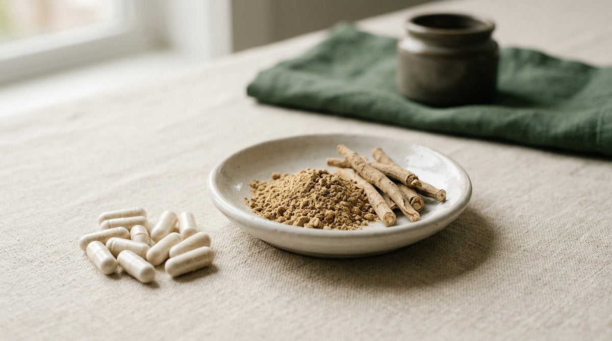 A small glass jar of ashwagandha capsules next to a desk calendar marked at the four-week point