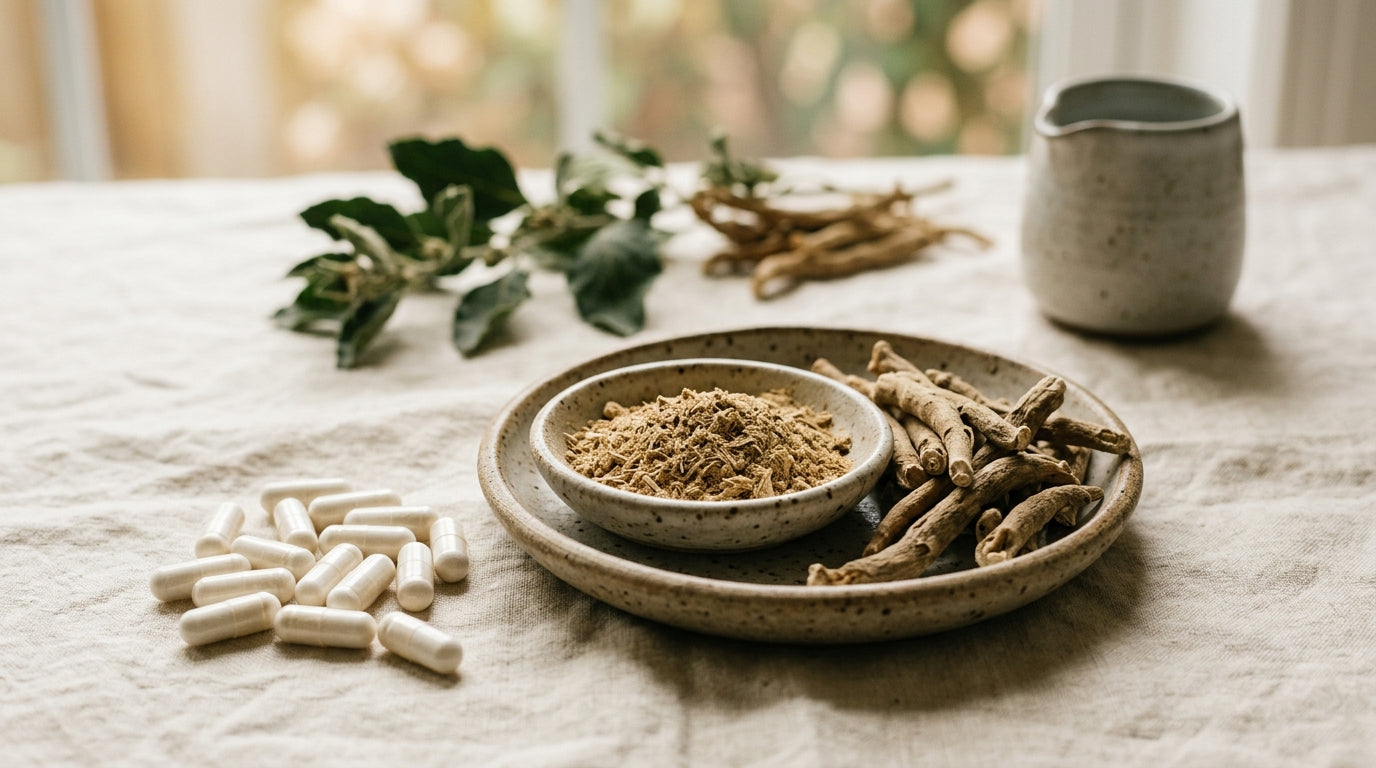 A wooden bowl of dried ashwagandha root beside a glass of water on a linen surface in soft morning light