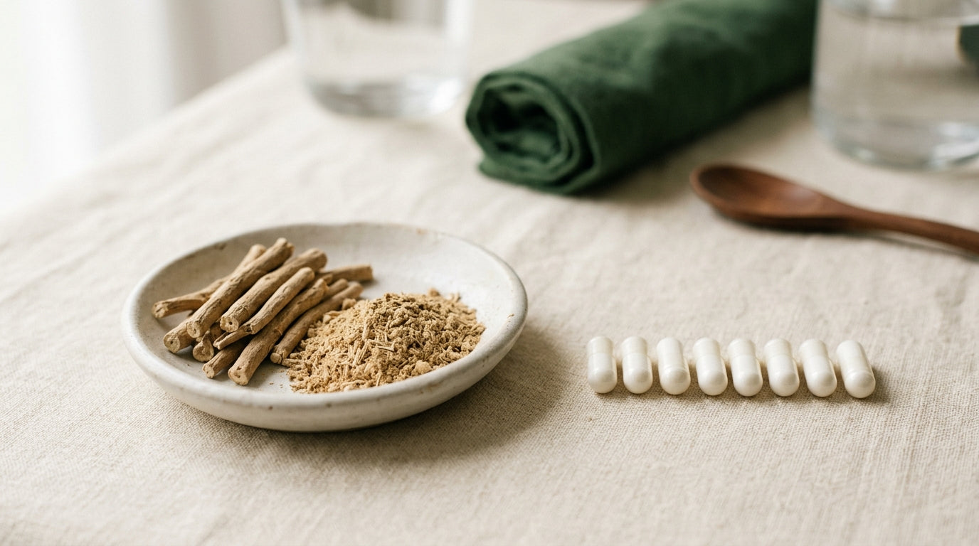 A Supplement Facts label on an ashwagandha bottle next to loose capsules on a kitchen counter