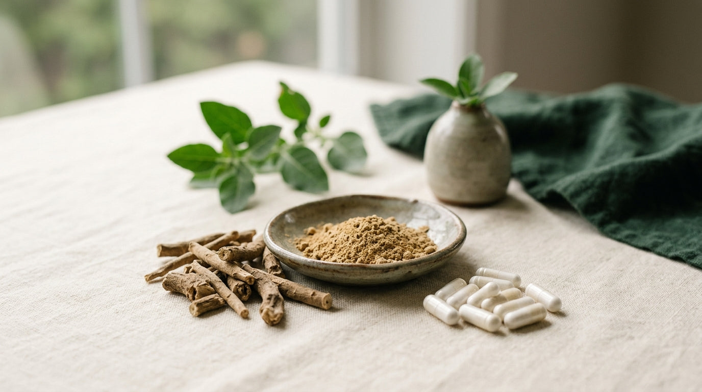 A wooden bowl of ashwagandha root powder beside a glass of water and capsules on a linen cloth