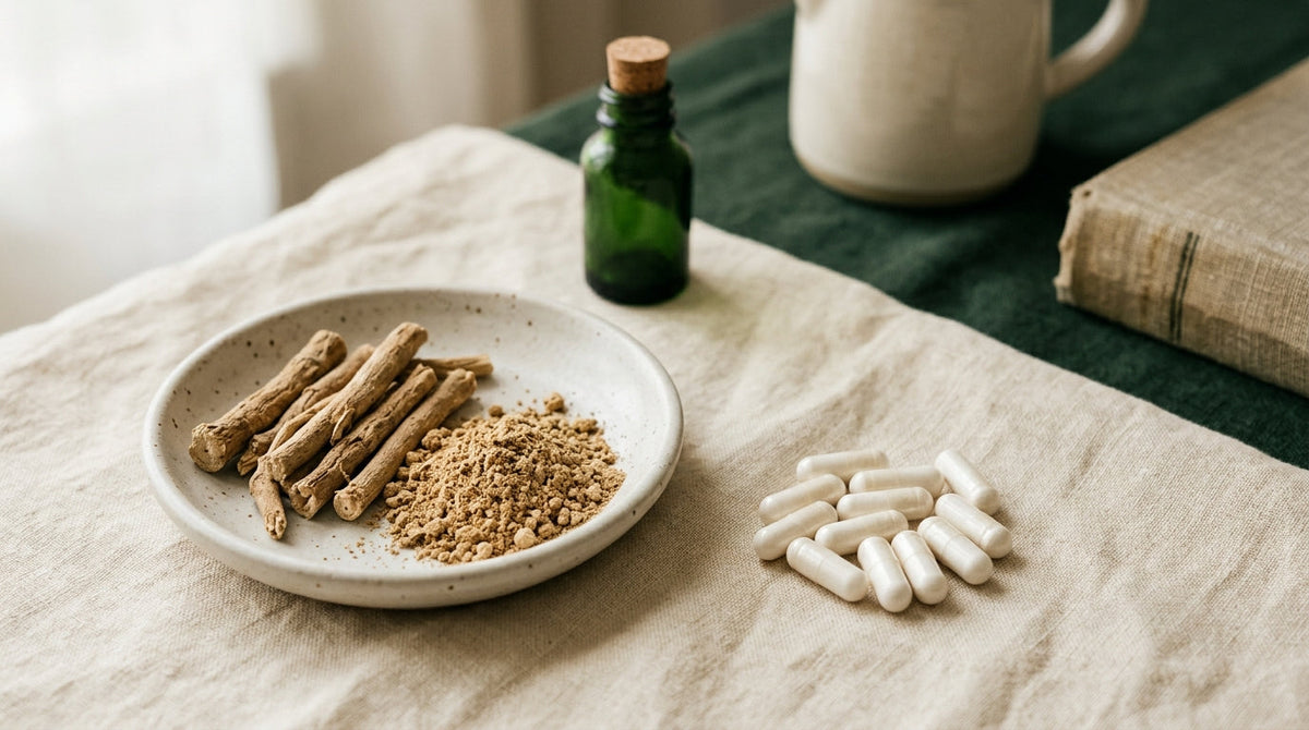 A small glass jar of ashwagandha capsules on a kitchen counter beside a plate of breakfast toast