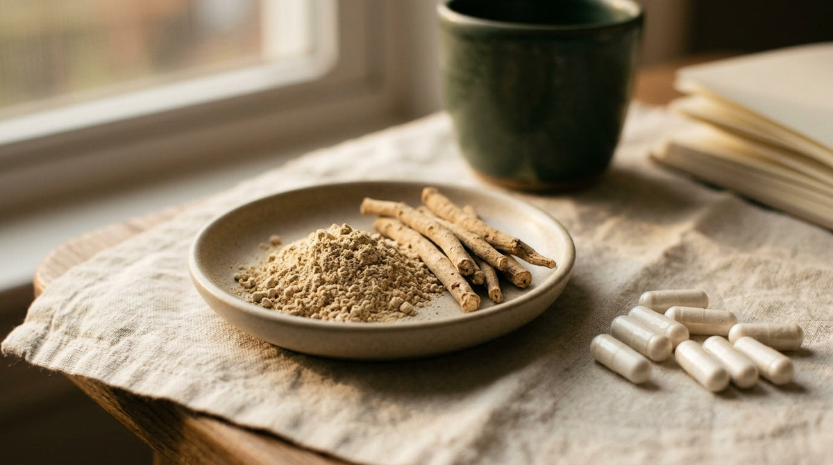 Ashwagandha capsules on a nightstand beside a dimmed lamp and a glass of water at bedtime
