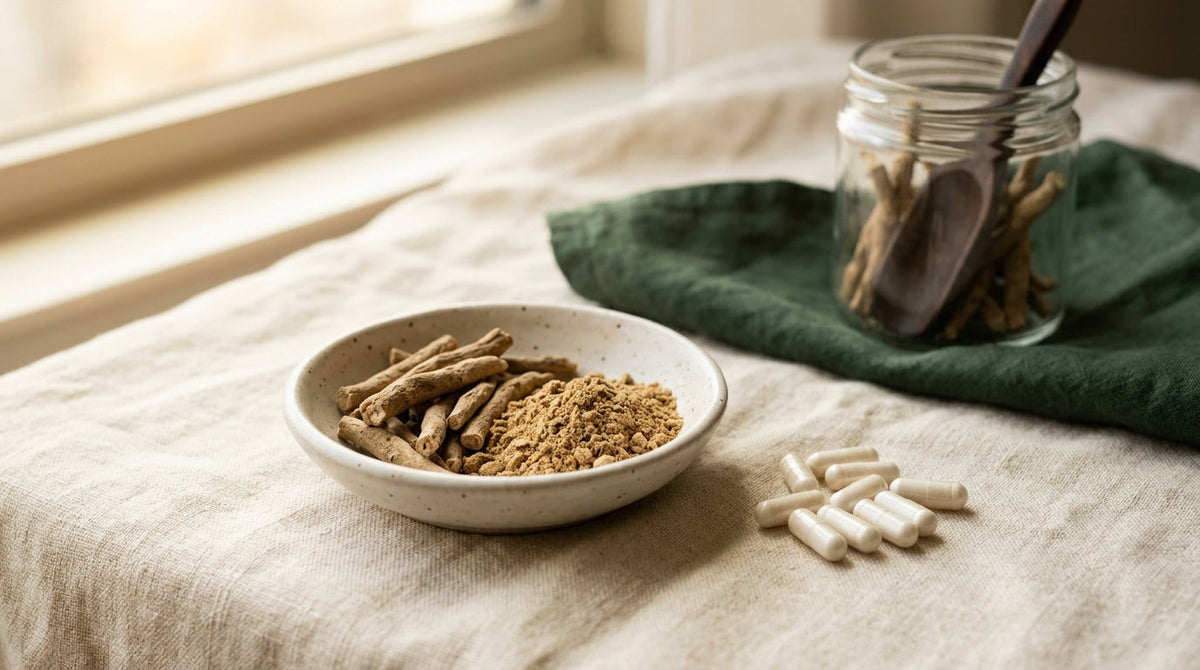 Ashwagandha root pieces and powder arranged on a dark stone surface with a wooden spoon