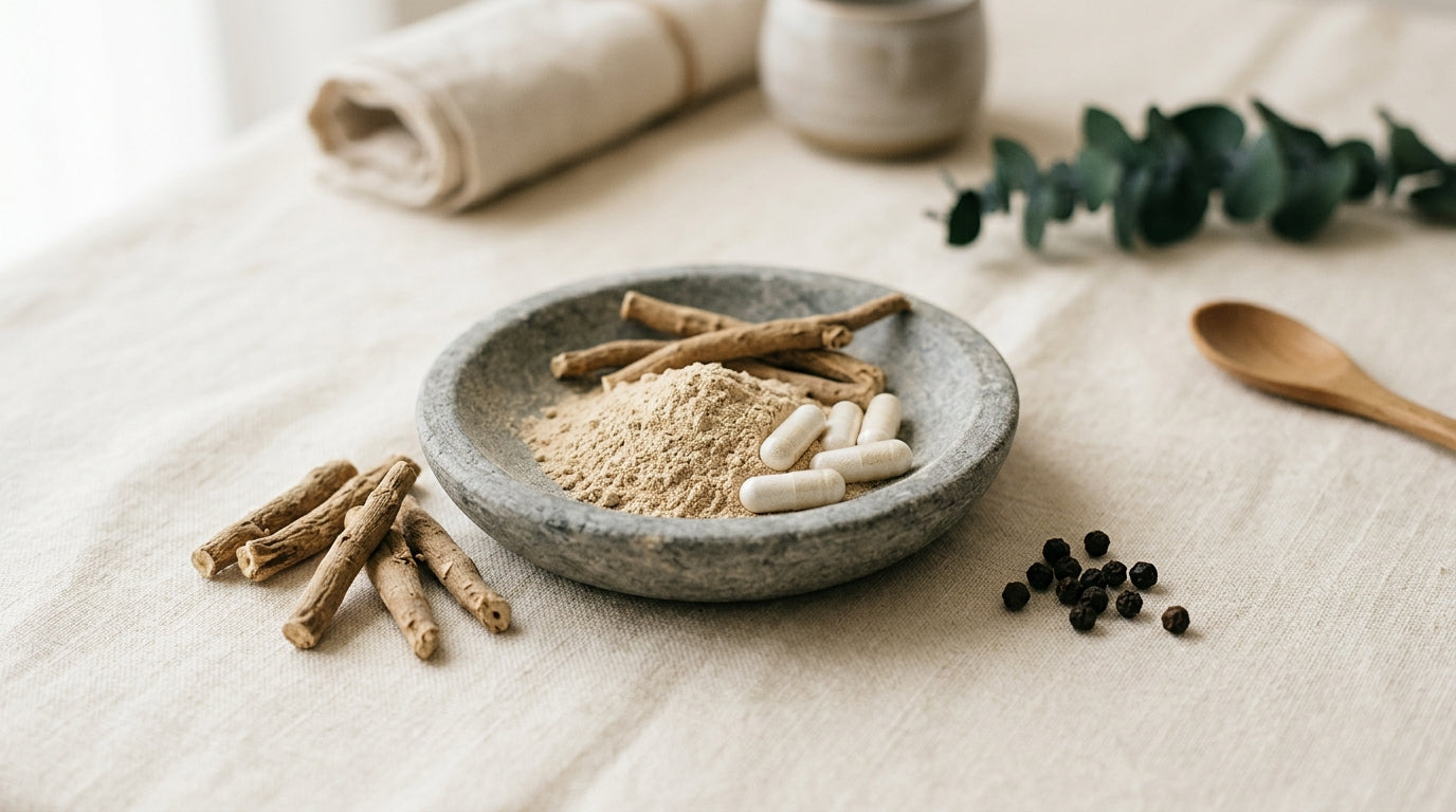 A capsule bottle and a cup of tea on a pale stone counter with soft morning light and a folded towel