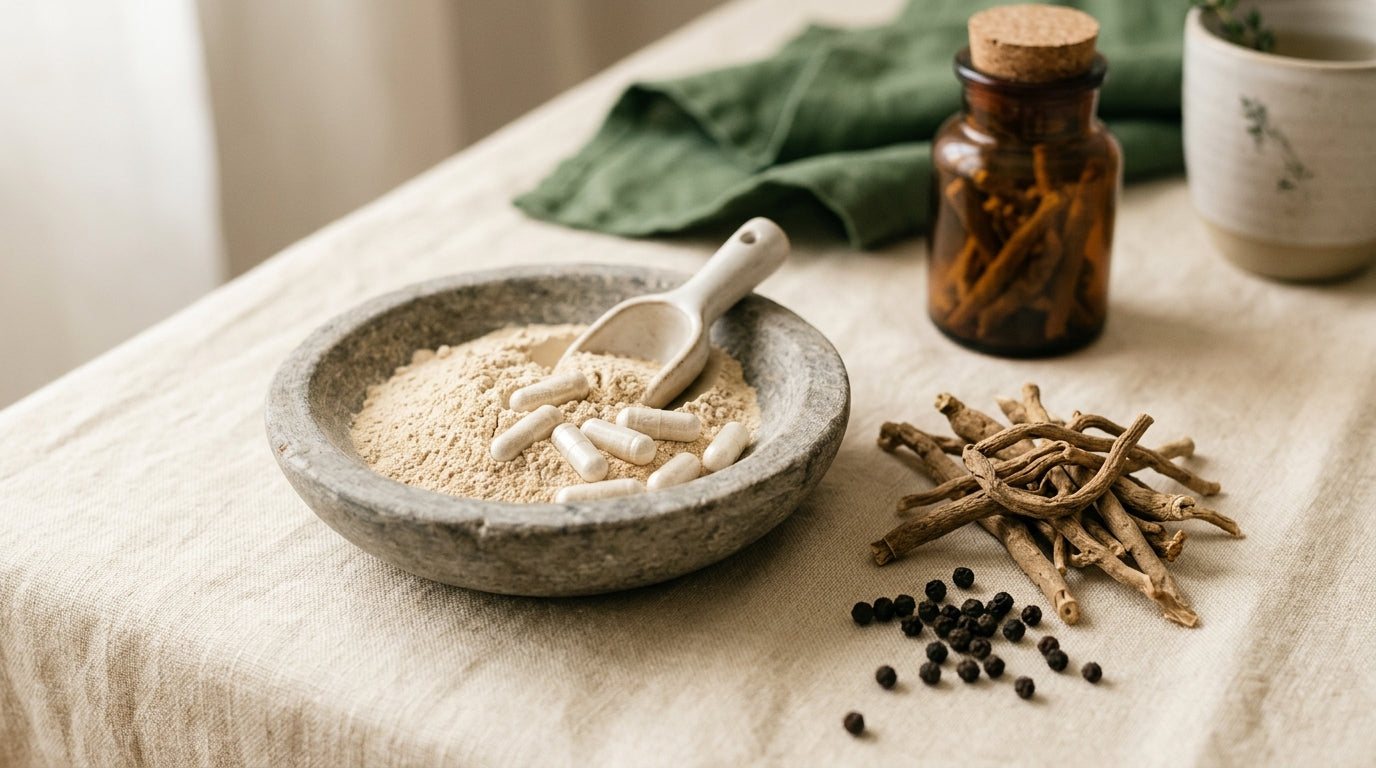 A wooden bowl of dried ashwagandha root beside a measuring tape coiled on a light kitchen counter