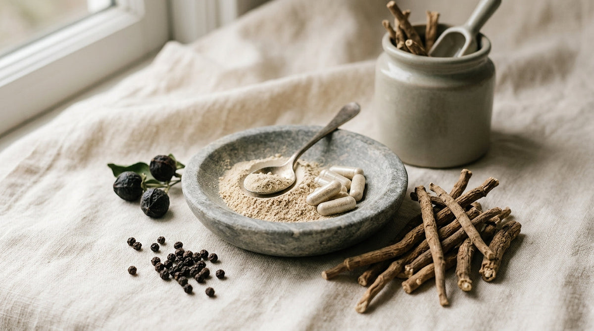 A small amber supplement bottle on a linen surface beside a wooden spoon of root powder