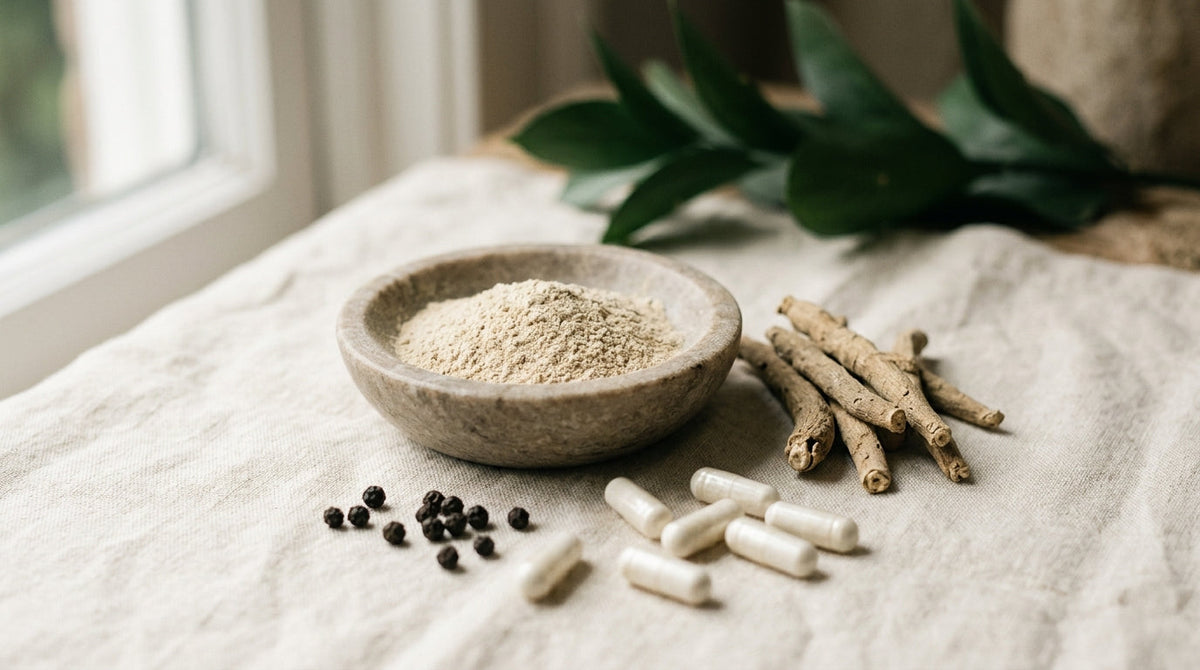 A small measuring scoop of root powder beside capsules on a dark wooden surface