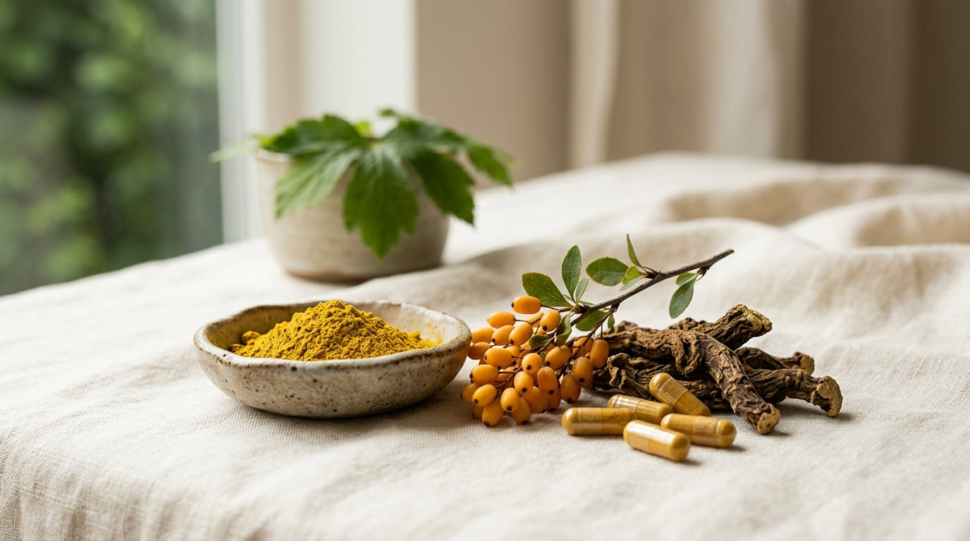 Loose golden berberine capsules beside dried Berberis root bark on a pale stone surface in soft daylight