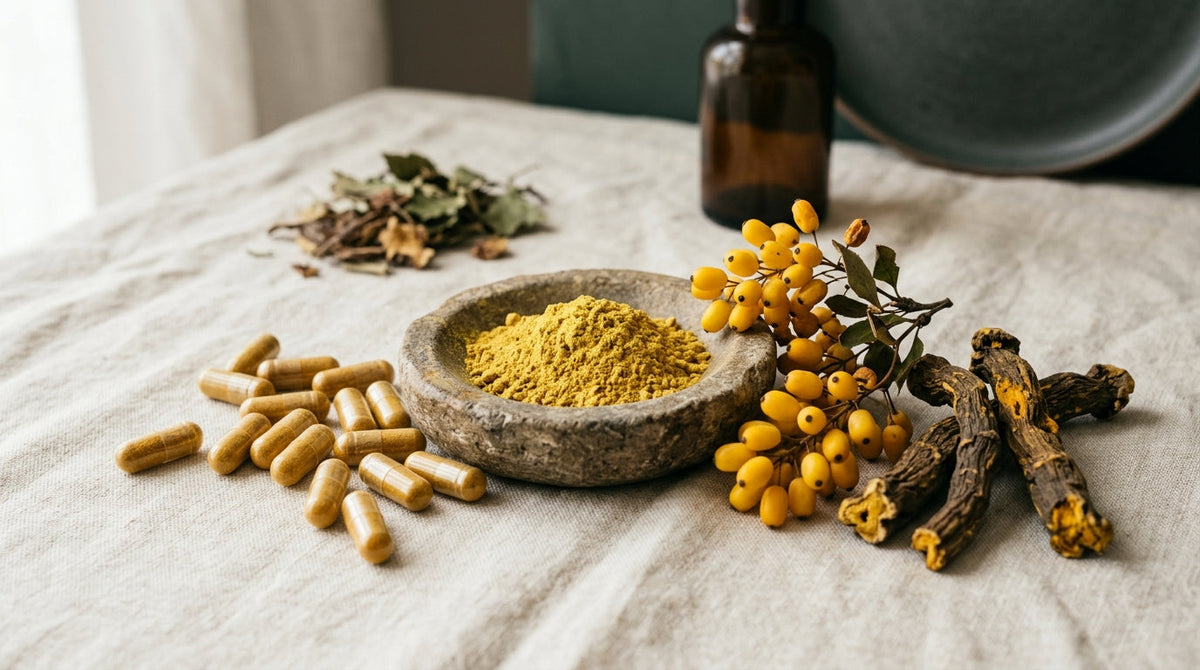Dried Berberis root bark and loose berberine capsules arranged on a pale stone surface in soft natural light