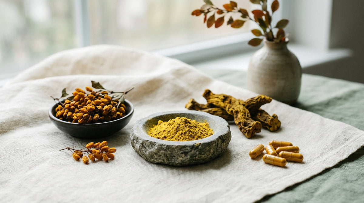A glass of water beside a small bowl of berberine capsules next to a plated meal on a wood table