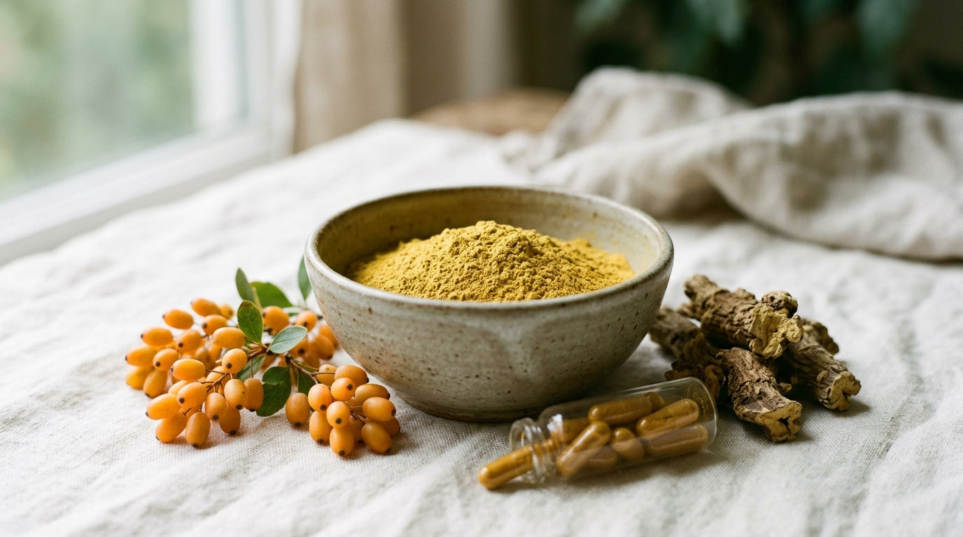 A small glass bowl of yellow berberine capsules next to a plate of breakfast food on a wooden table in morning light