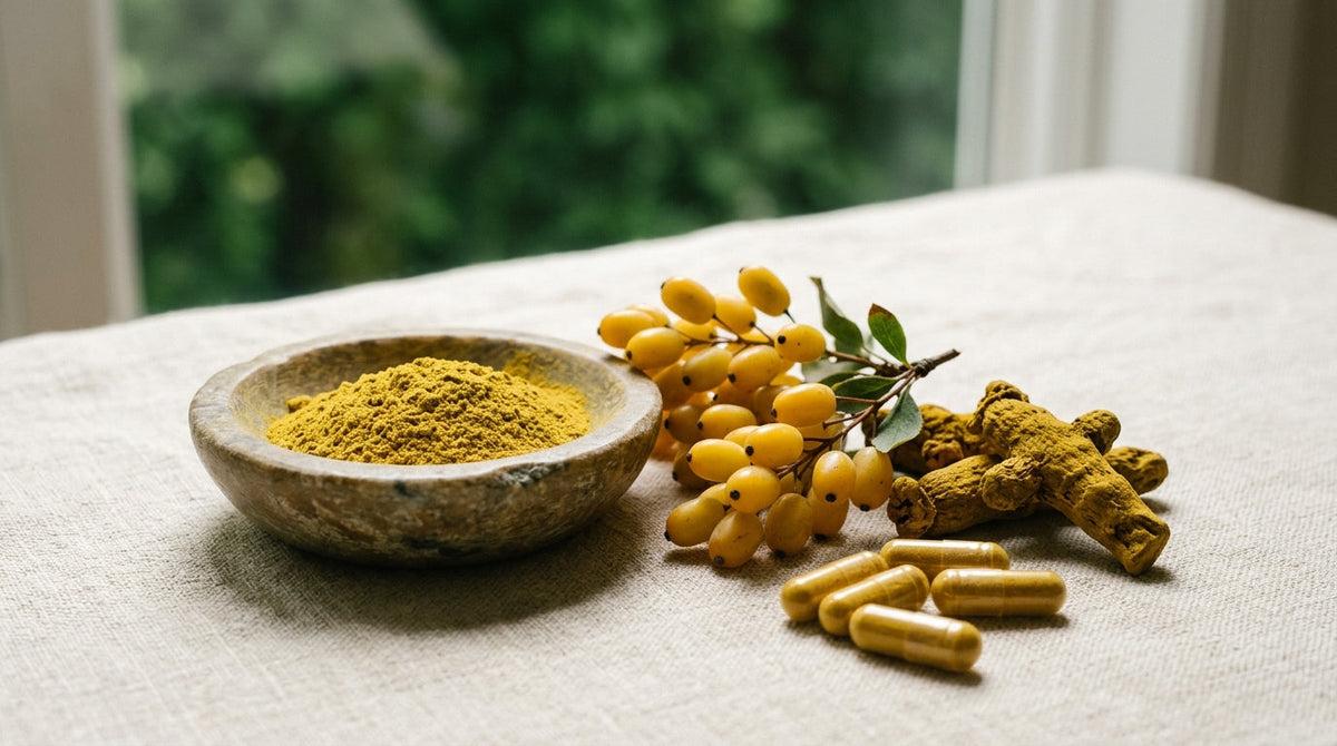 A glass of water and a small dish of berberine capsules beside a folded napkin on a plain kitchen counter