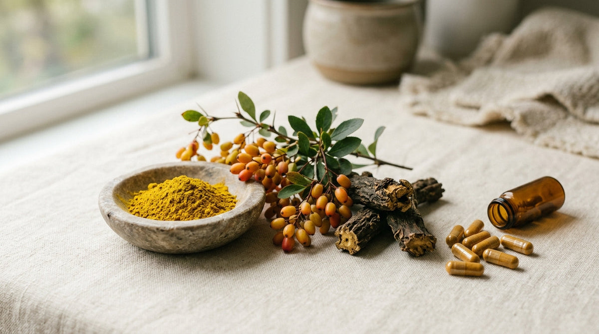 Small glass bowl of berberine capsules beside a folded napkin and water glass set for a meal