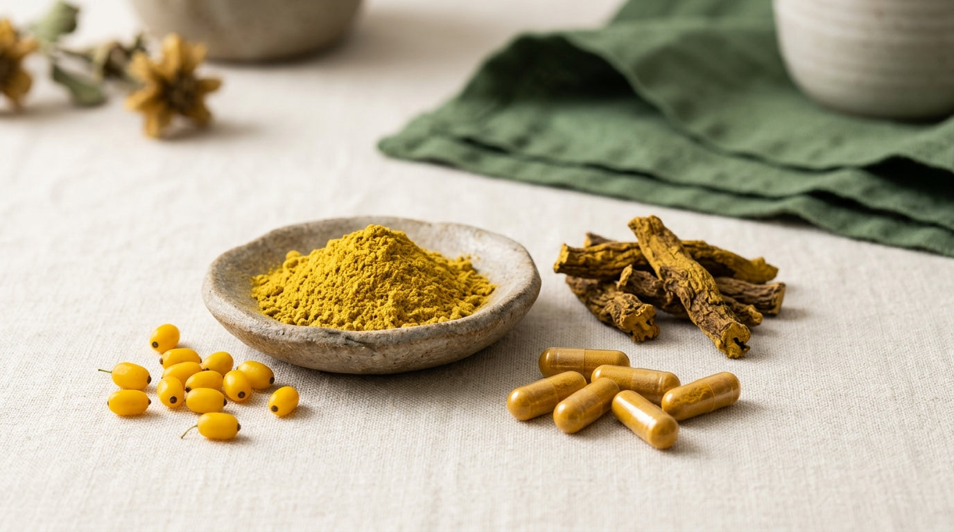 A calendar page and a small dish of berberine capsules on a pale wooden desk