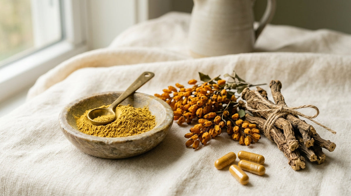 Berberine capsules arranged beside a small dish of olive oil and almonds on a pale stone counter
