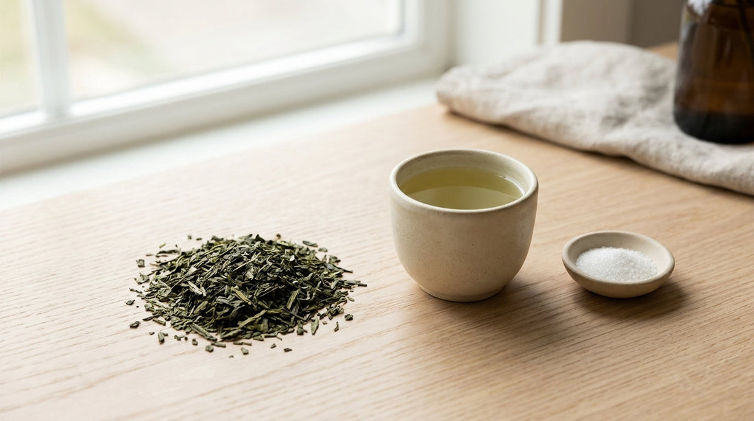 A single oral dissolving strip resting beside a green tea leaf on a pale wood surface in soft natural light