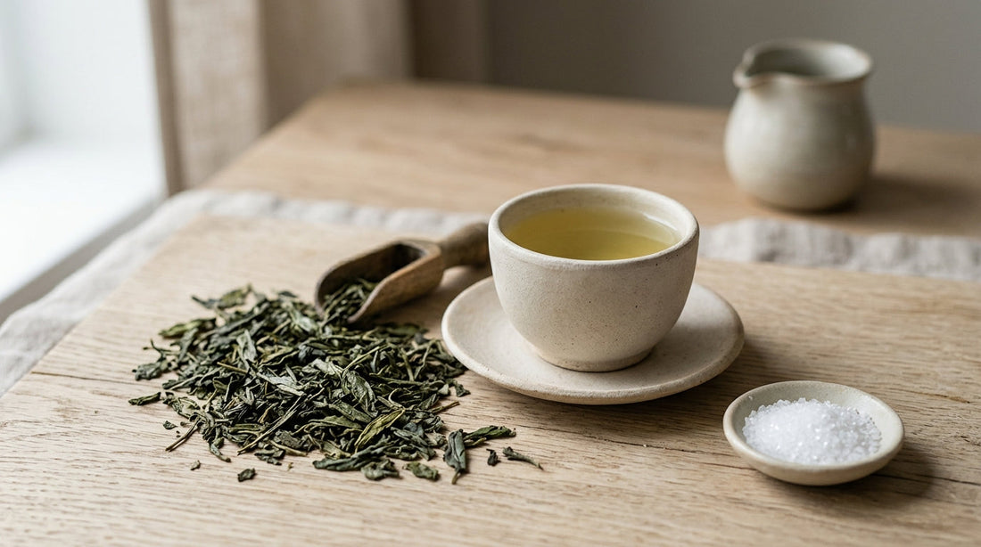 A person sitting calmly at a sunlit table with a cup of green tea and a notebook