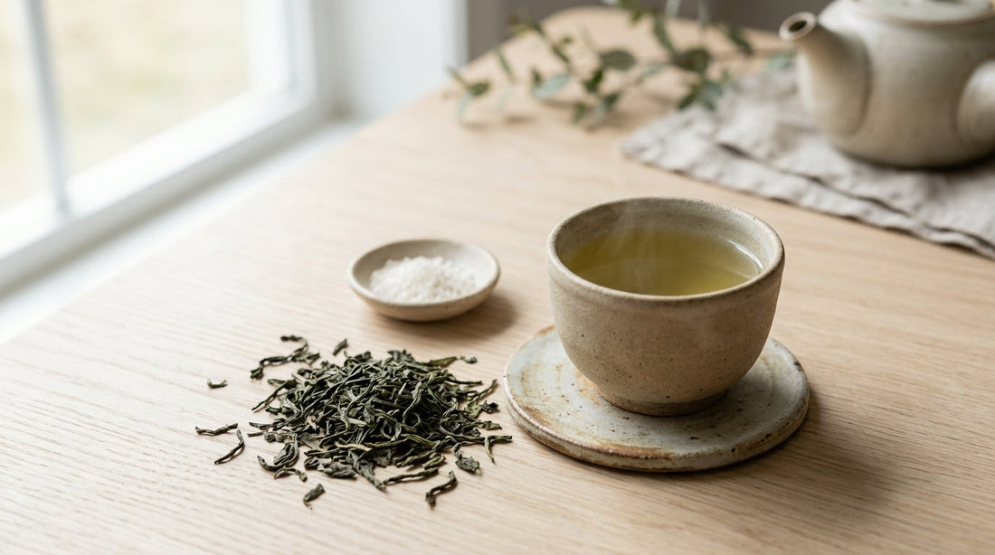 A small hourglass on a desk beside a cup of green tea and a green supplement strip