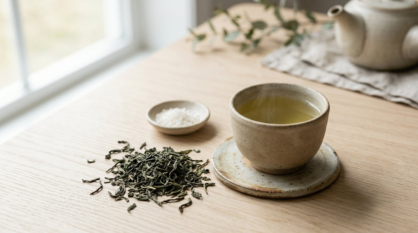 A small hourglass on a desk beside a cup of green tea and a green supplement strip
