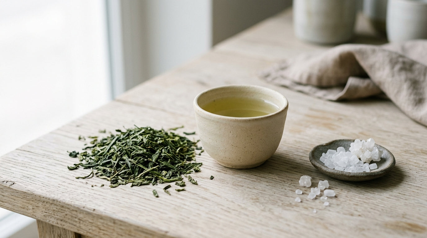 A clock face beside a green supplement strip and a cup of steeping green tea