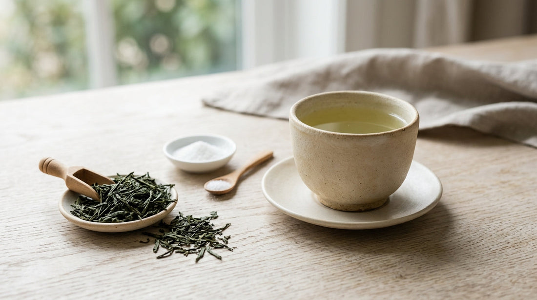 Loose green tea leaves and a ceramic cup of brewed tea on a light wooden table