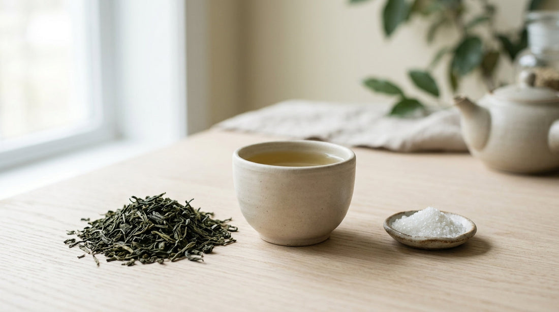 A calm workspace with a cup of tea and soft natural light near a window
