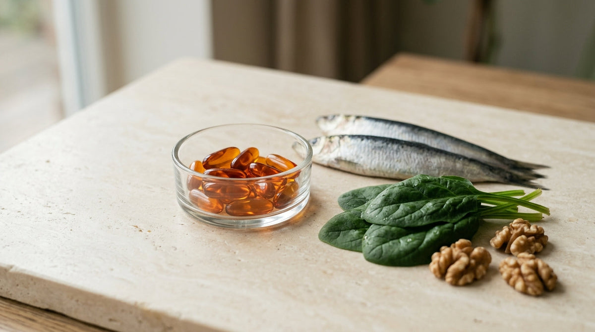 A home blood pressure cuff resting beside a bottle of amber softgel capsules on a plain table