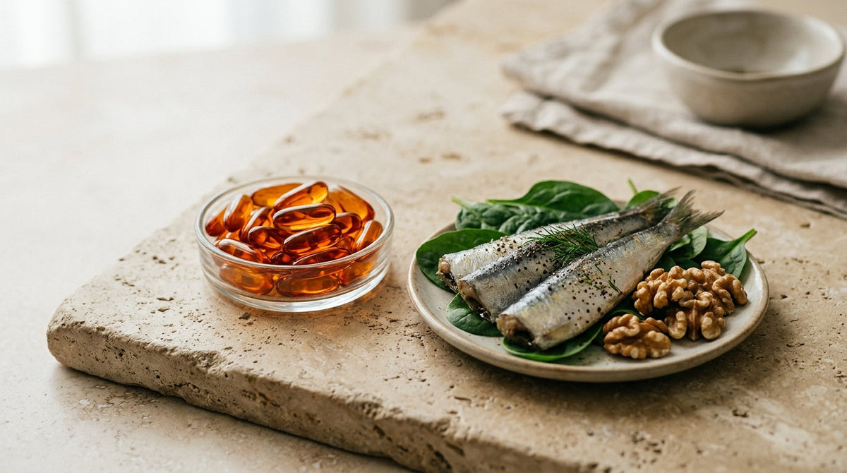 An amber softgel capsule beside a small dish of olive oil and avocado slices on a wooden table