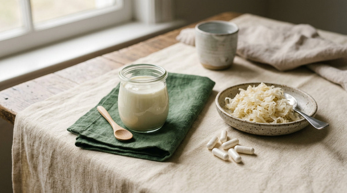 A glass jar of capsules beside a bowl of yogurt and berries on a light kitchen counter