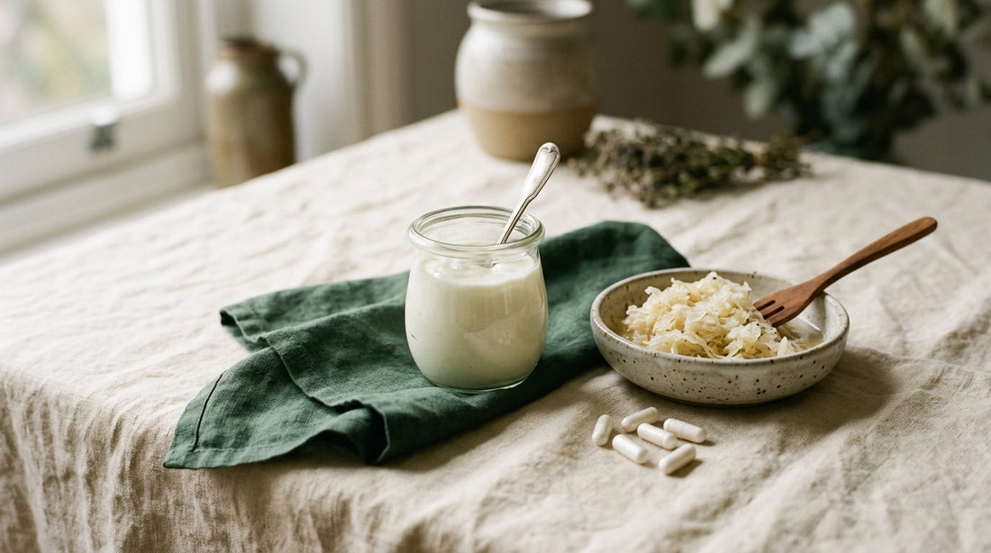 A wooden spoon resting beside a glass of water and a small dish of probiotic capsules on a linen napkin