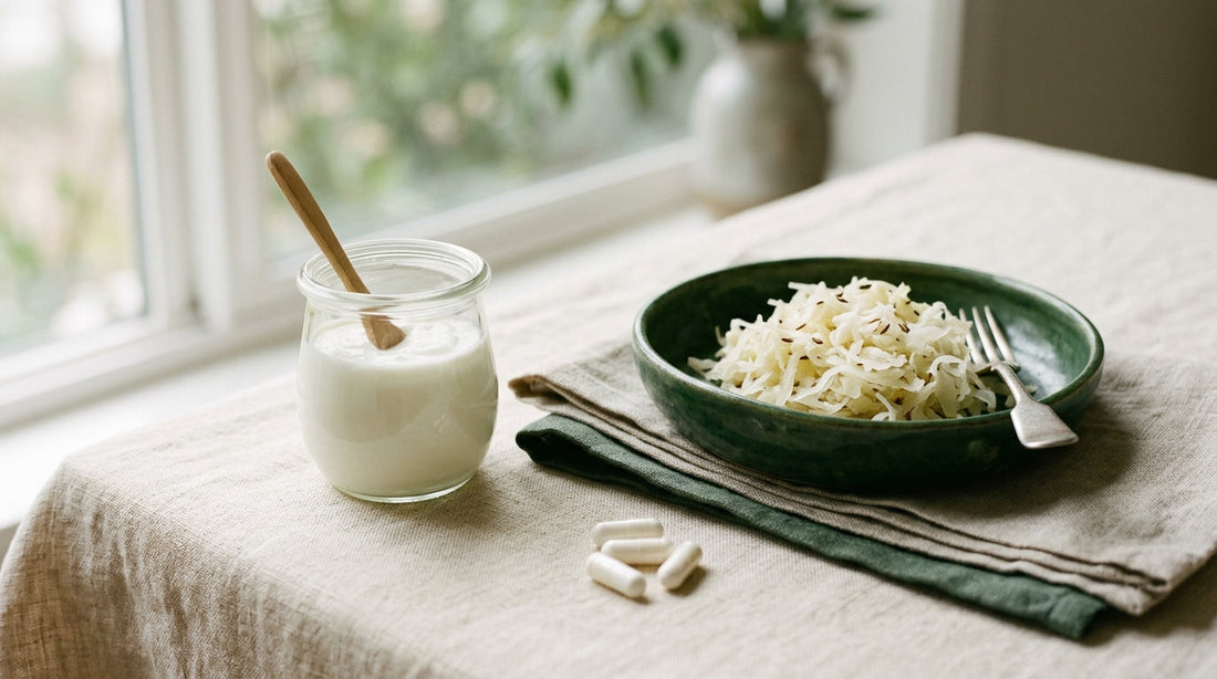 A glass of water and a probiotic capsule beside a small bowl of yogurt on a cream kitchen counter