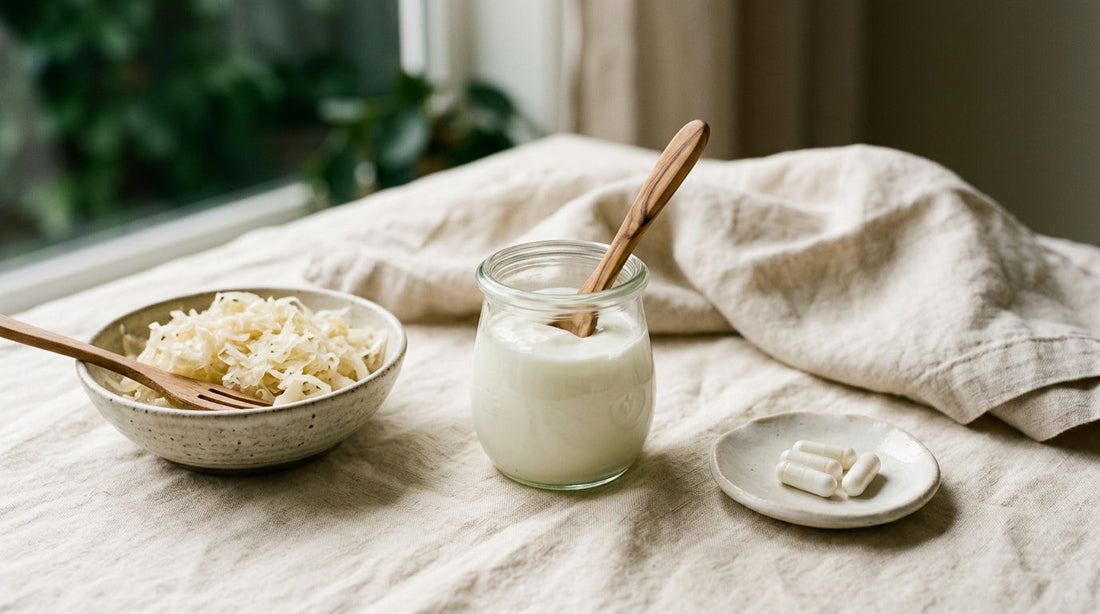A wooden spoon of probiotic capsules beside a glass of water on a light kitchen surface