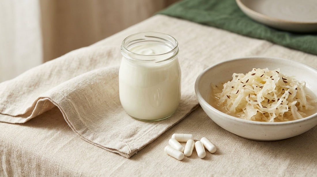 A calendar page beside a bottle of probiotic capsules and a glass of water on a light countertop