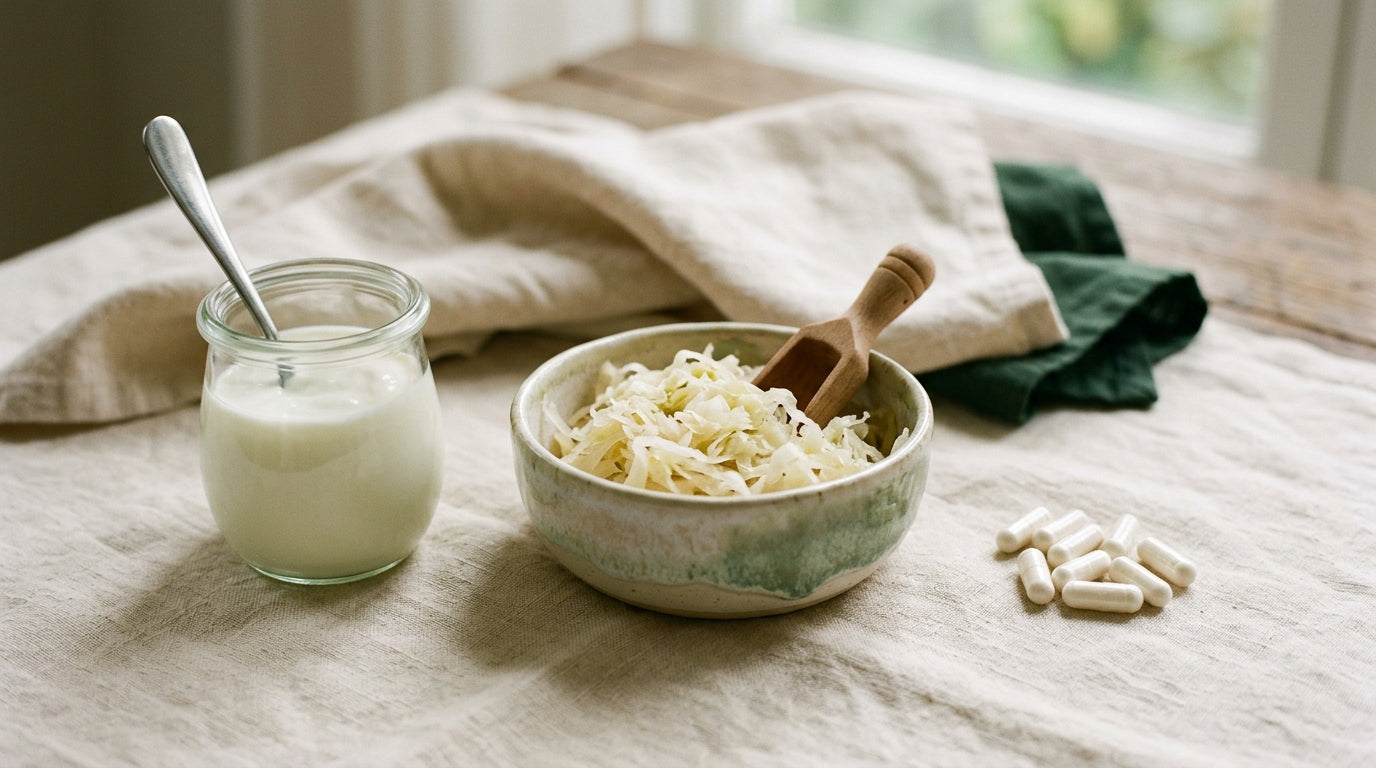 A person measuring a probiotic capsule against a small kitchen scale beside a bowl of yogurt and fiber-rich vegetables
