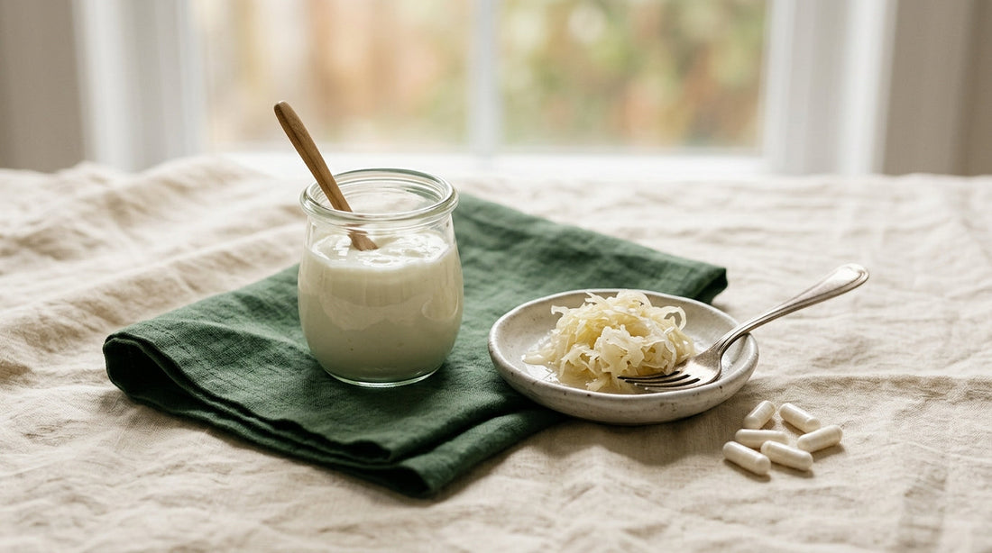 A person holding their chest while looking at a glass of water and a probiotic capsule on a kitchen counter