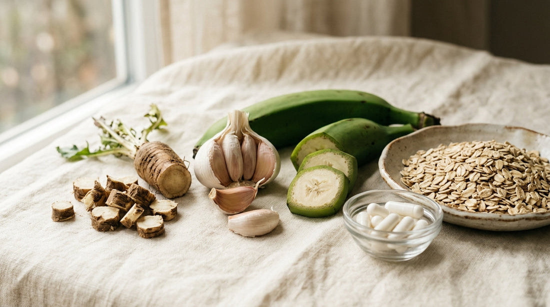 A glass of water and a probiotic capsule on a light wood table beside a small bowl of oats