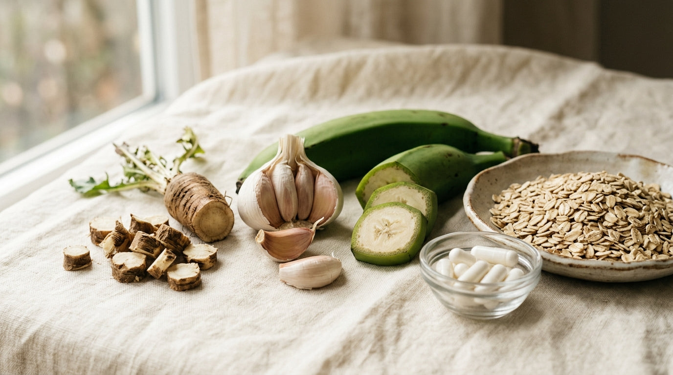 A glass of water and a probiotic capsule on a light wood table beside a small bowl of oats