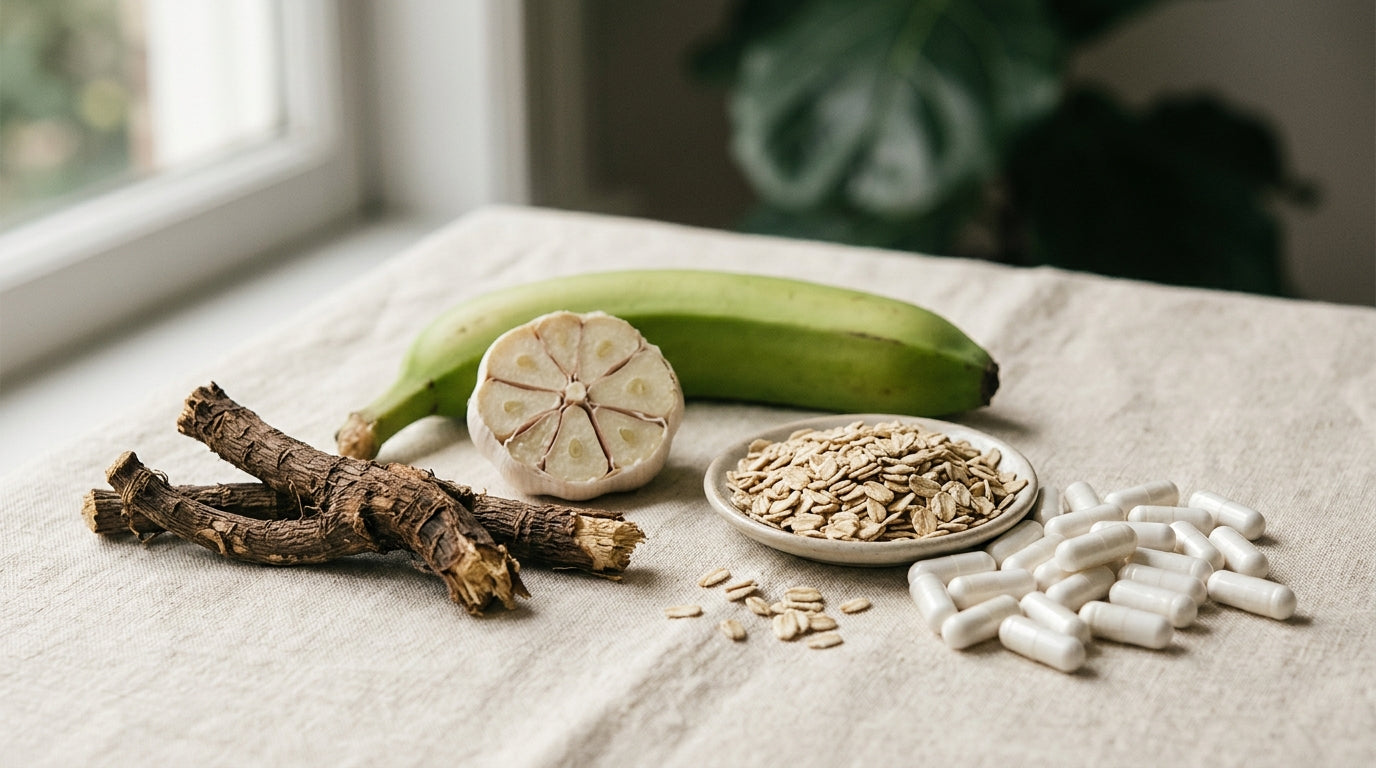 A wooden bowl of high-fiber vegetables and oats beside a glass of water and a supplement capsule on a light kitchen counter
