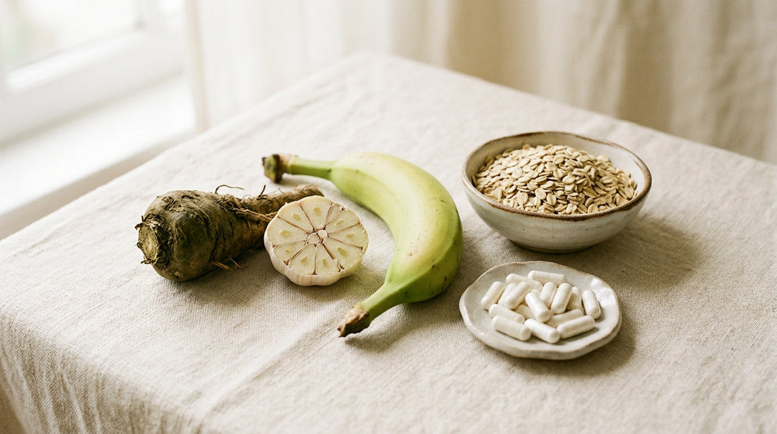 A close-up of chicory root, oats, and onion on a wooden cutting board beside a glass of water