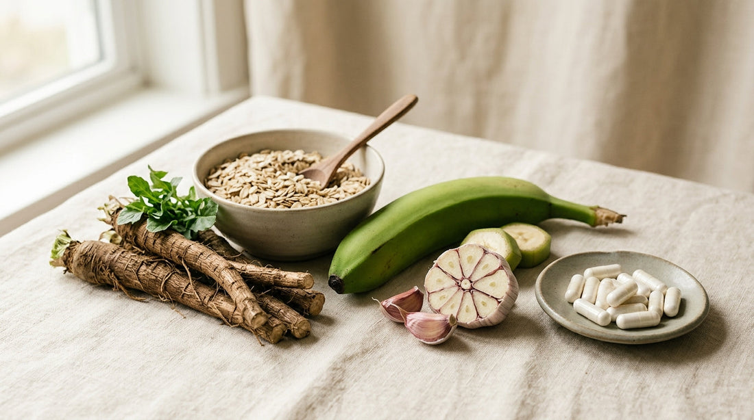 A glass jar of probiotic capsules beside a small bowl of chicory root and a linen napkin on a light wood counter