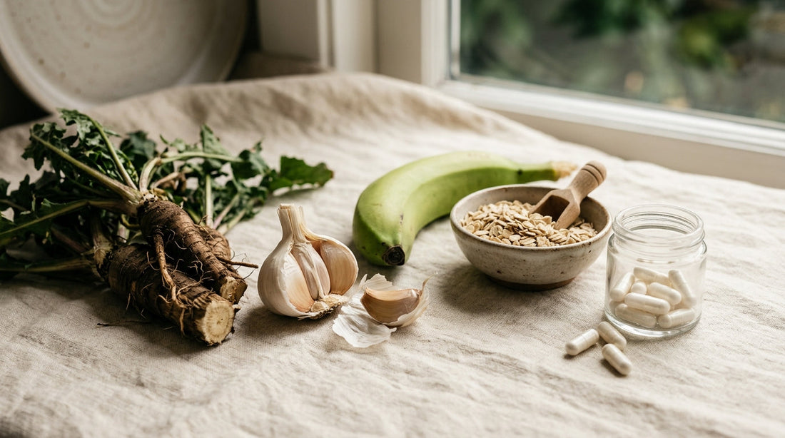 A wooden spoon resting beside an open probiotic capsule and a small dish of inulin powder on a marble counter