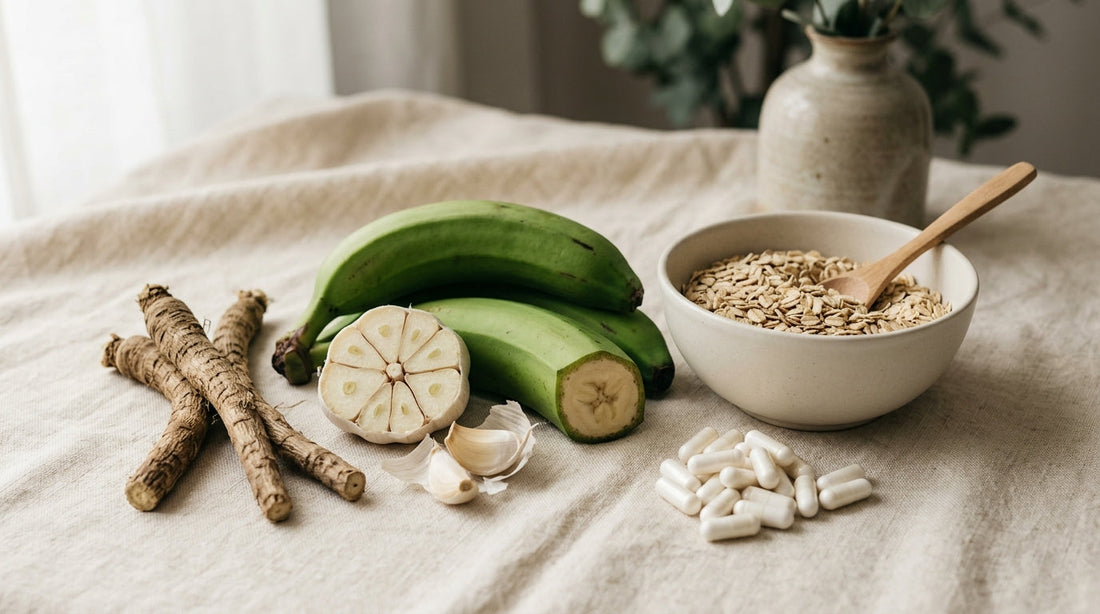 A glass jar of pale fiber powder beside a spoon and a small dish of chicory root on a wood counter