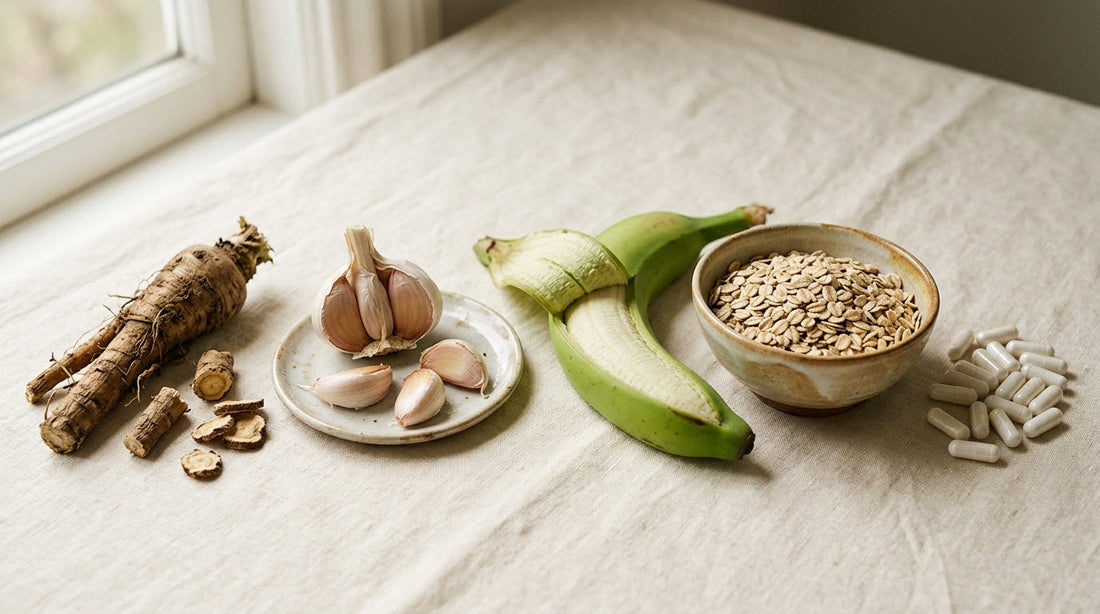 A wooden spoon of chicory root fiber powder next to a glass of water on a light kitchen counter