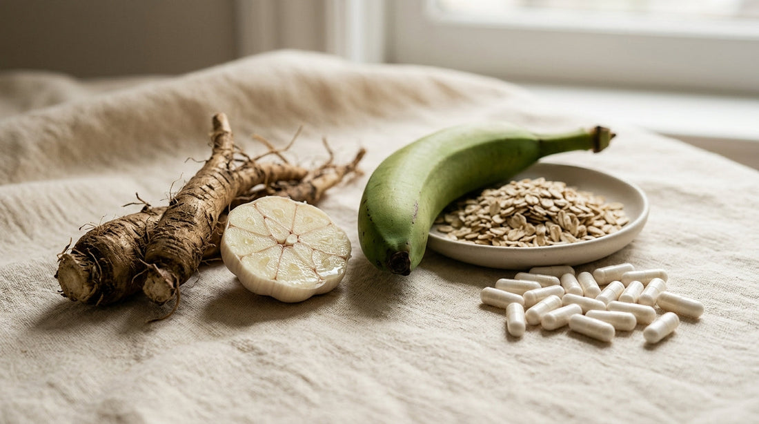 Two small glass jars side by side, one holding pale fiber powder and one holding capsules, on a linen surface