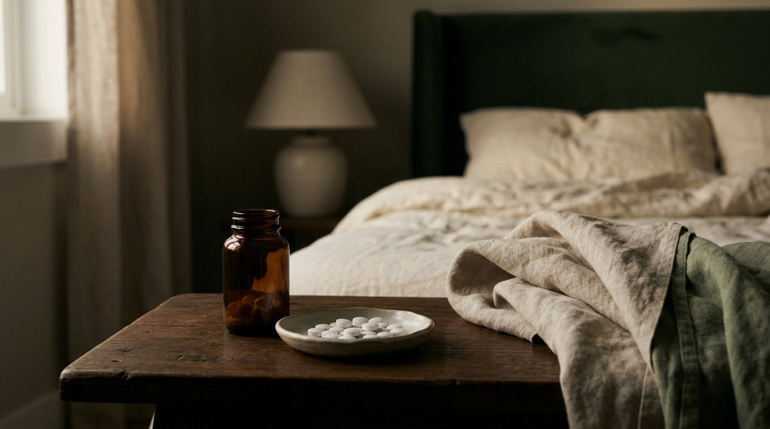 A small glass dish holding a single low-dose melatonin capsule beside a dimly lit bedside lamp