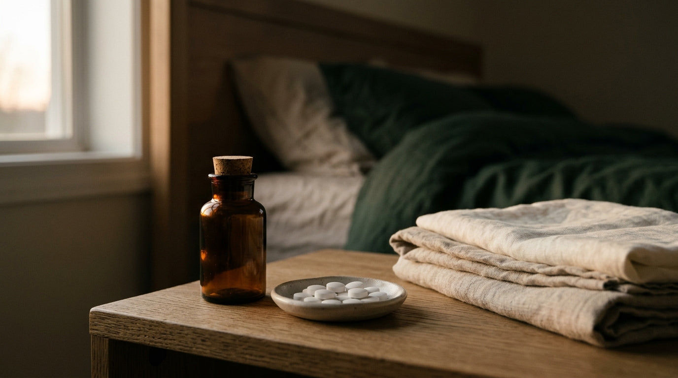 An amber supplement bottle tipped on its side with a few capsules spilled onto a dark surface
