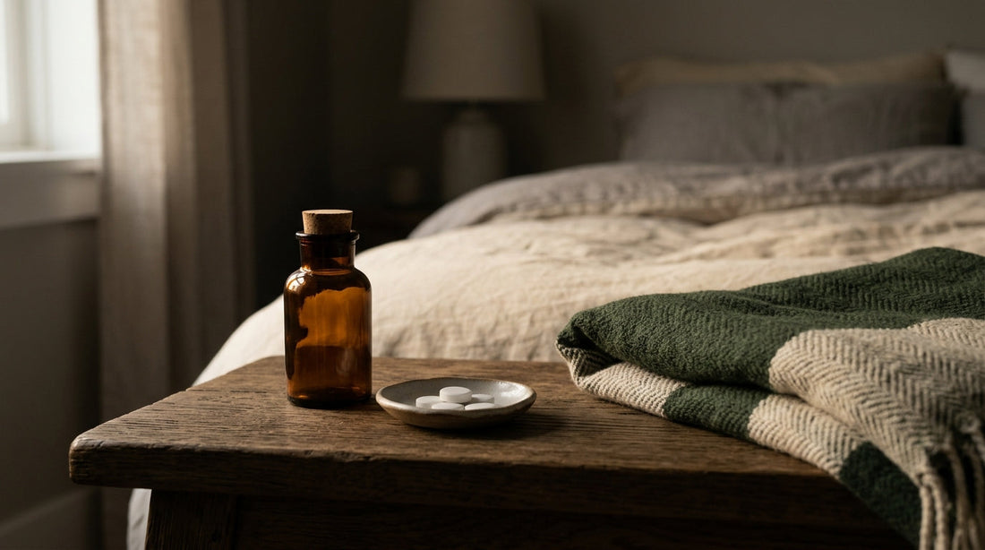 A measuring spoon holding melatonin gummies next to an unopened bottle on a plain kitchen counter