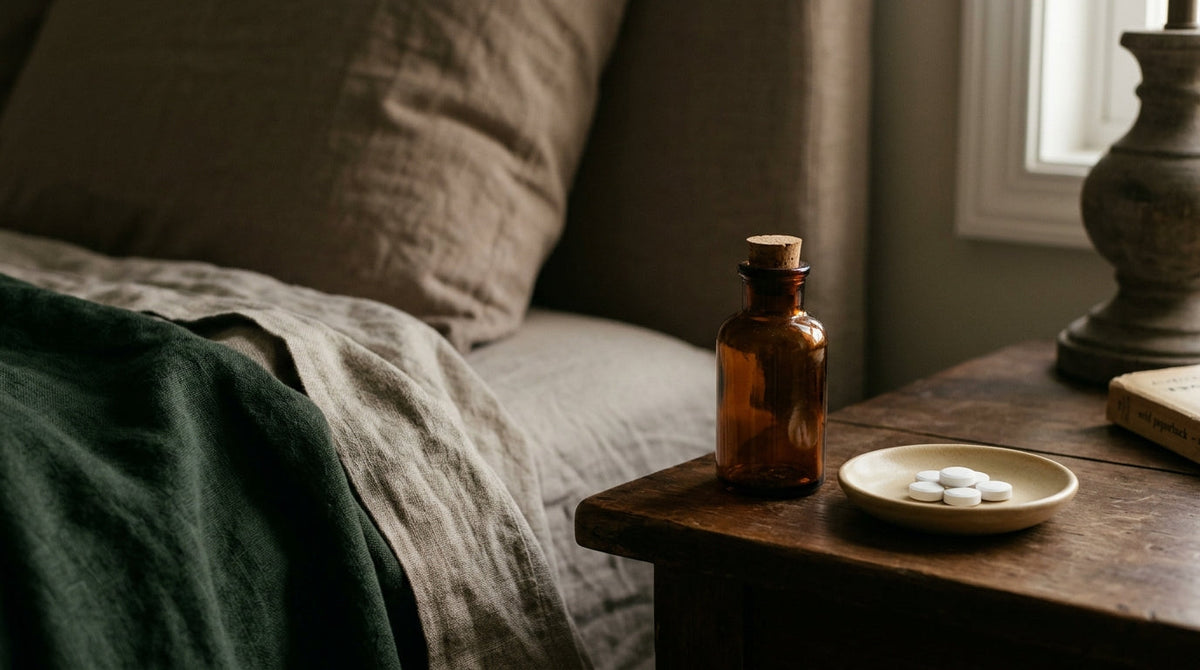 An amber supplement bottle and scattered melatonin tablets beside a glass of water on a nightstand at dusk