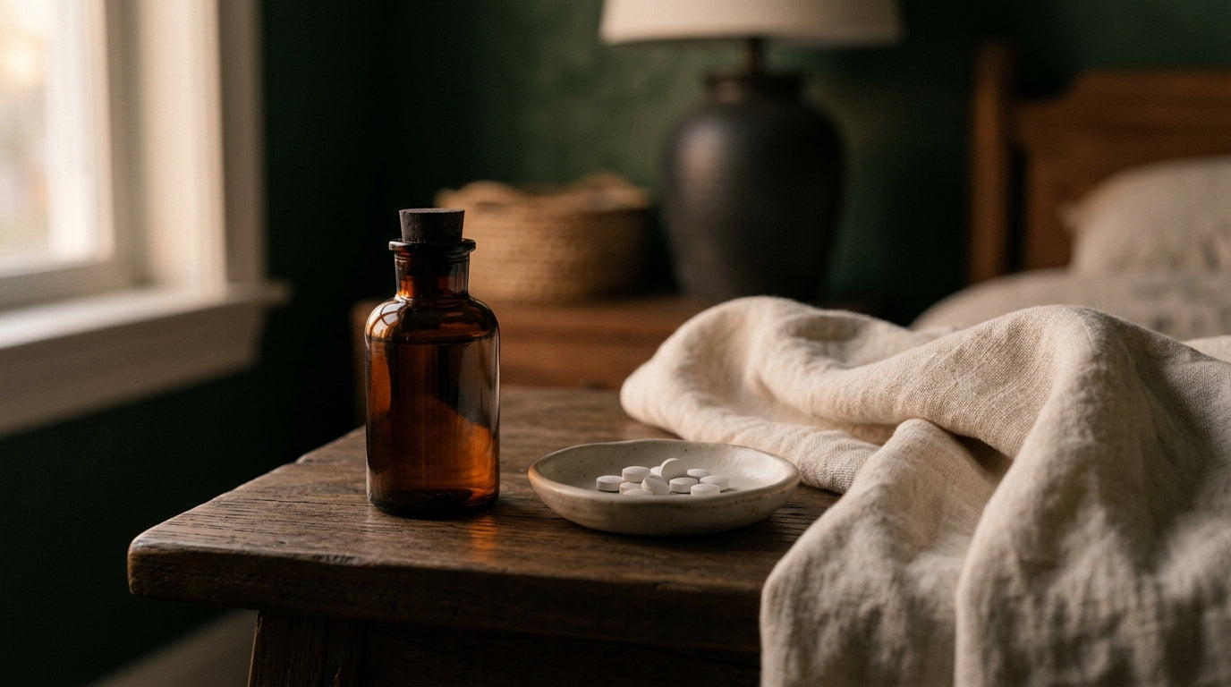 A glowing alarm clock beside a glass of water and a small dish of melatonin capsules on a bedside table at night